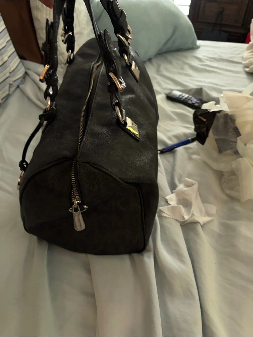 Michael Kors Black MK Logo Satchel with Gold Charm